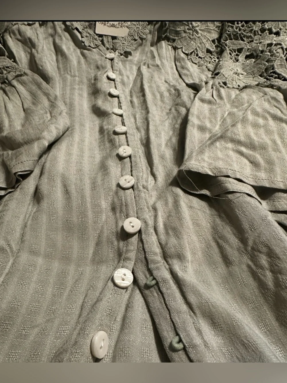 #B16 Coeur DE Vague Light Sage Green Crochet Yoke Button-Front Blouse - Picture 2 of 7